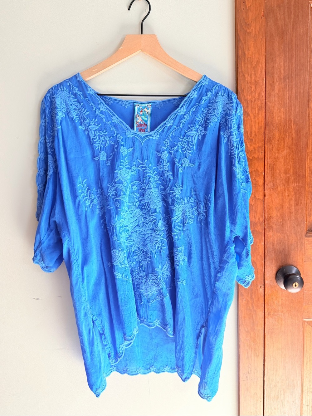 Johnny Was Royal Blue Embroidered V-Neck Tunic